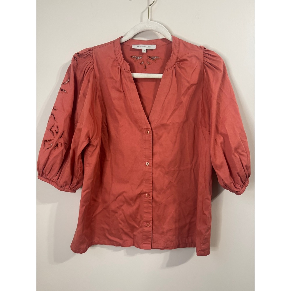 Brochu Walker Terracotta Eyelet Puff Sleeve Button Front Blouse Top Small